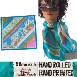 🍑Geometric & Floral Square Silk Scarf | Double Peach | Tiffany Blue/Golden/Pink